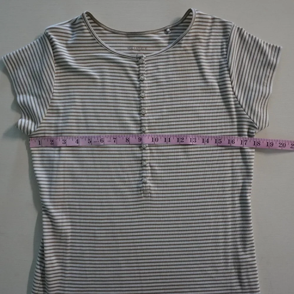 M.M. LaFleur Mori Hinley Thin Striped Ribbed Pima Cotton Khaki / Ivory Tee - Picture 6 of 7